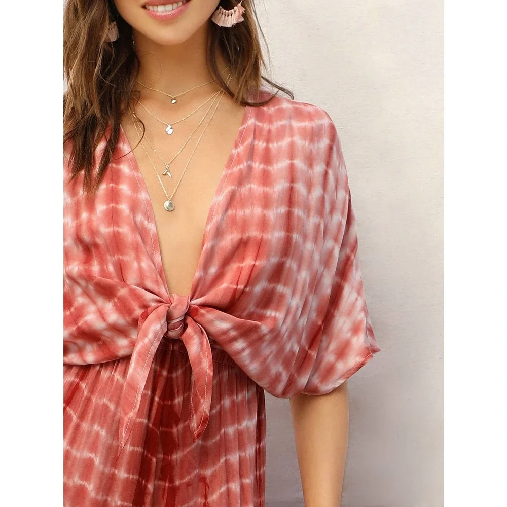 70s style Plunging Neck Knot Front Tie Dye Palazzo Jumpsuit orange - Picture 4 of 5